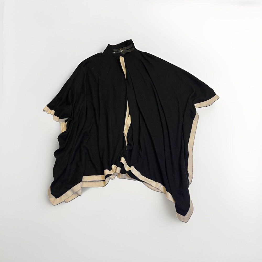 Lauren Ralph Lauren Silk Cashmere Blend Poncho Cape Black Tan Trim Buckle 1X